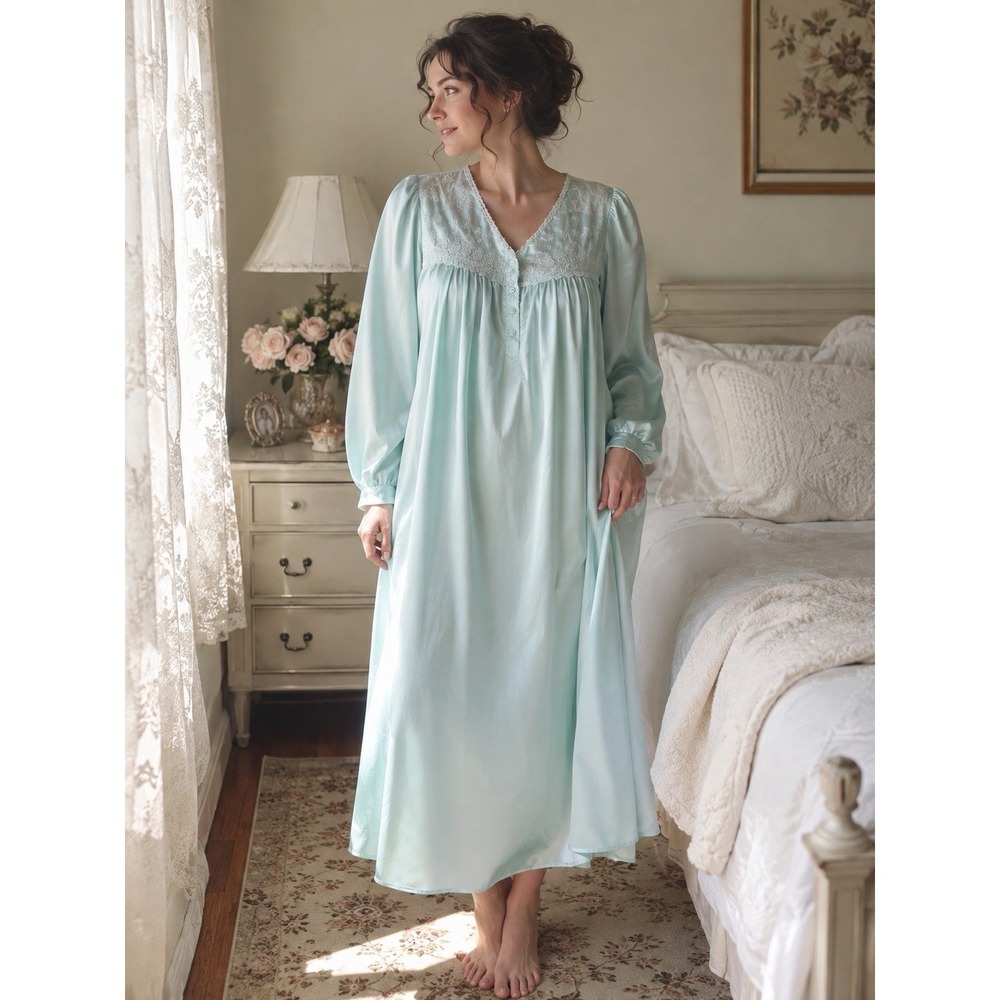 Vintage Go Softly Aqua Blue Embroidered Long Sleeve Nightgown Size L 45"
